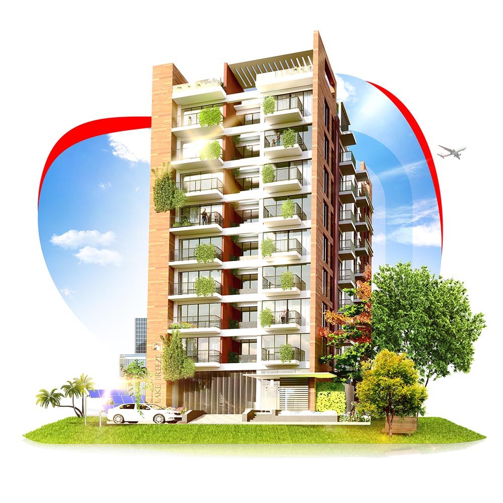 A modern high-rise building with multiple balconies, adorned with greenery. The building stands on a grassy patch with trees, a parked car, and a distant airplane against a blue sky. A red and blue abstract shape accents the background. -Dreamway