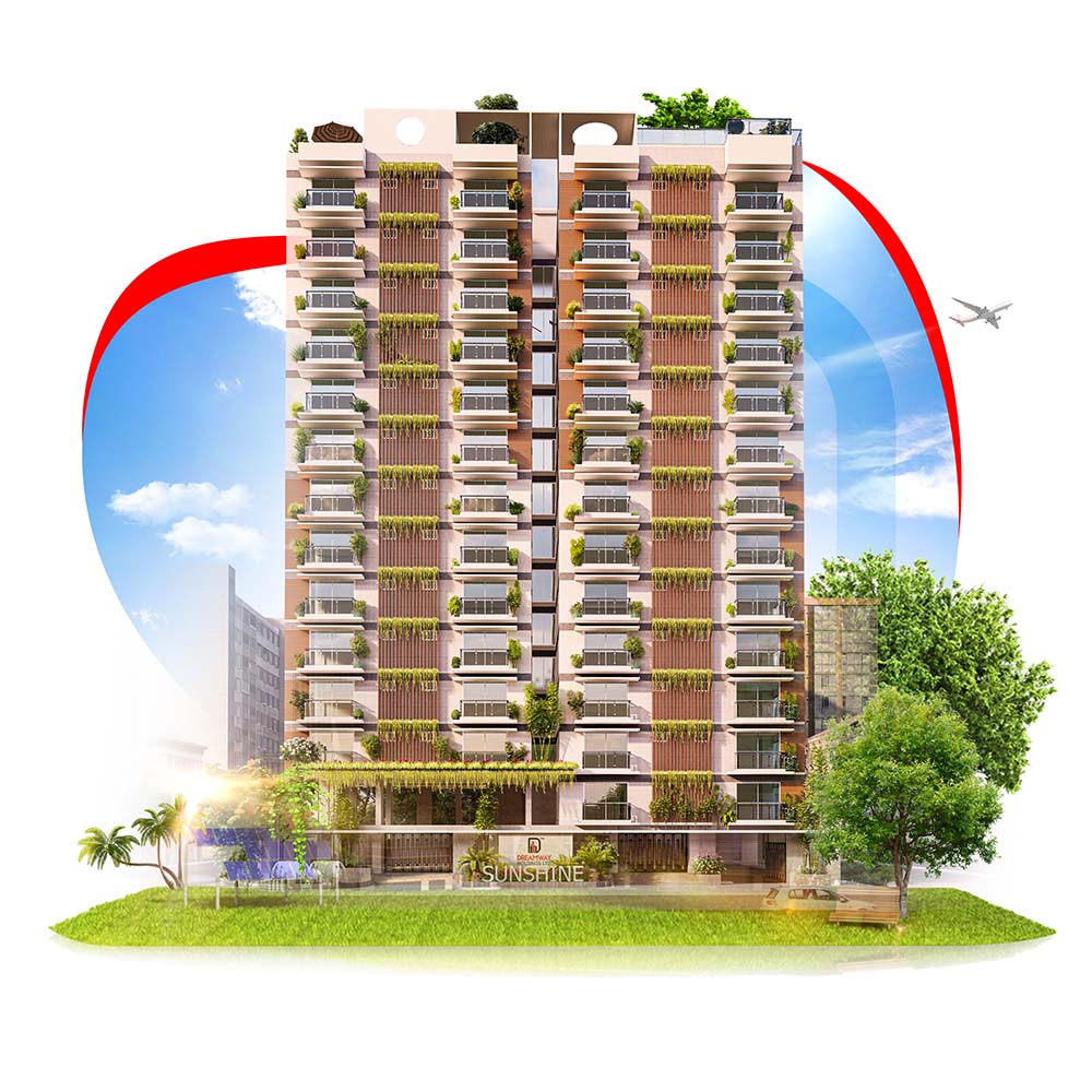 A modern multi-story residential building with balconies is surrounded by trees. The facade features greenery, and a small plane is visible in the blue sky. A red swoosh graphic is in the background, with sunlight illuminating the scene. -Dreamway Holdings Ltd.