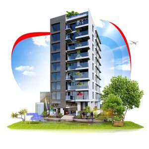 A modern multi-story building with balconies adorned with plants. Surrounding elements include solar panels, trees, a car, and bicycles. A plane flies in the sky, and a red, white, and blue abstract background frames the scene. -Dreamway