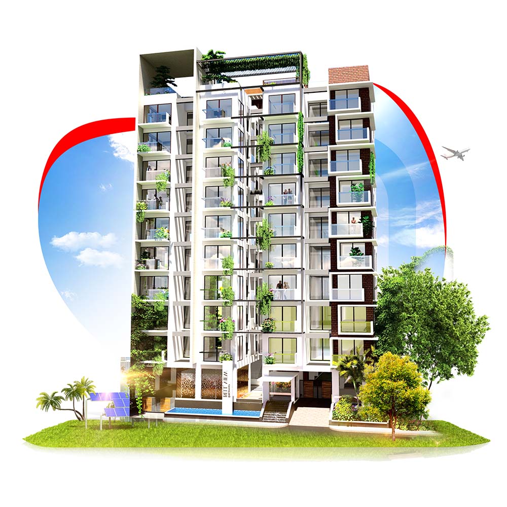 Illustration of a modern multi-story building with greenery on balconies, set against a blue sky with clouds. The background includes a red and blue abstract swoosh and an airplane in flight. Palm trees and shrubs surround the building. -Dreamway