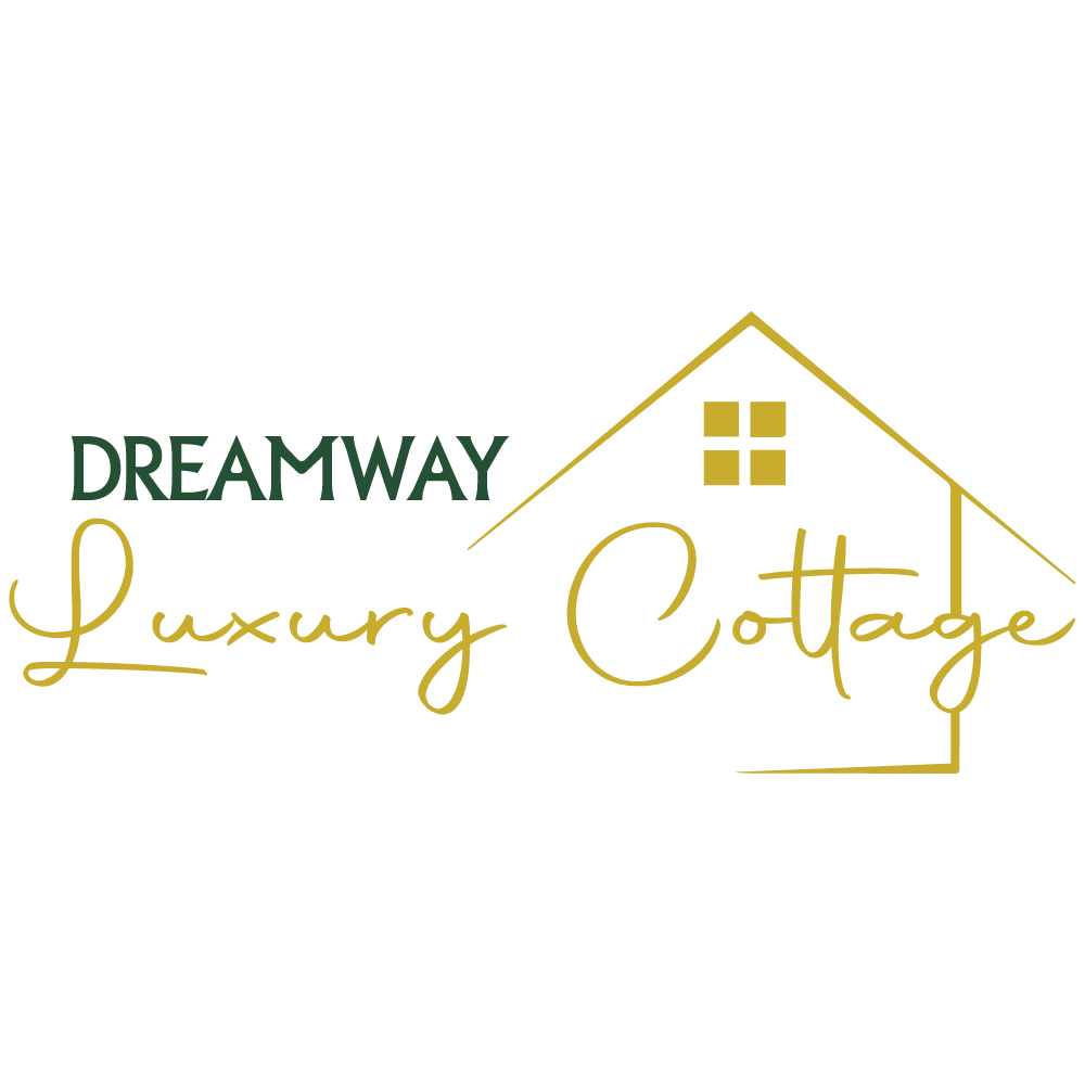 Logo of Dreamway Luxury Cottage featuring green text Dreamway and gold text Luxury Cottage with an outline of a house, including a square window, in gold. The design has a clean and elegant style on a white background. -Dreamway