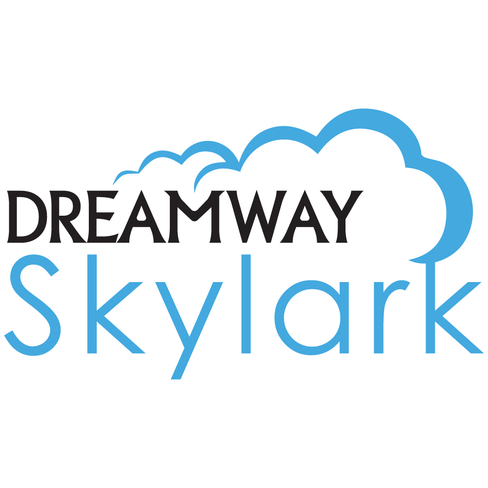 Logo featuring the words Dreamway Skylark with Dreamway in black and Skylark in blue. A stylized blue cloud design appears above the text. -Dreamway