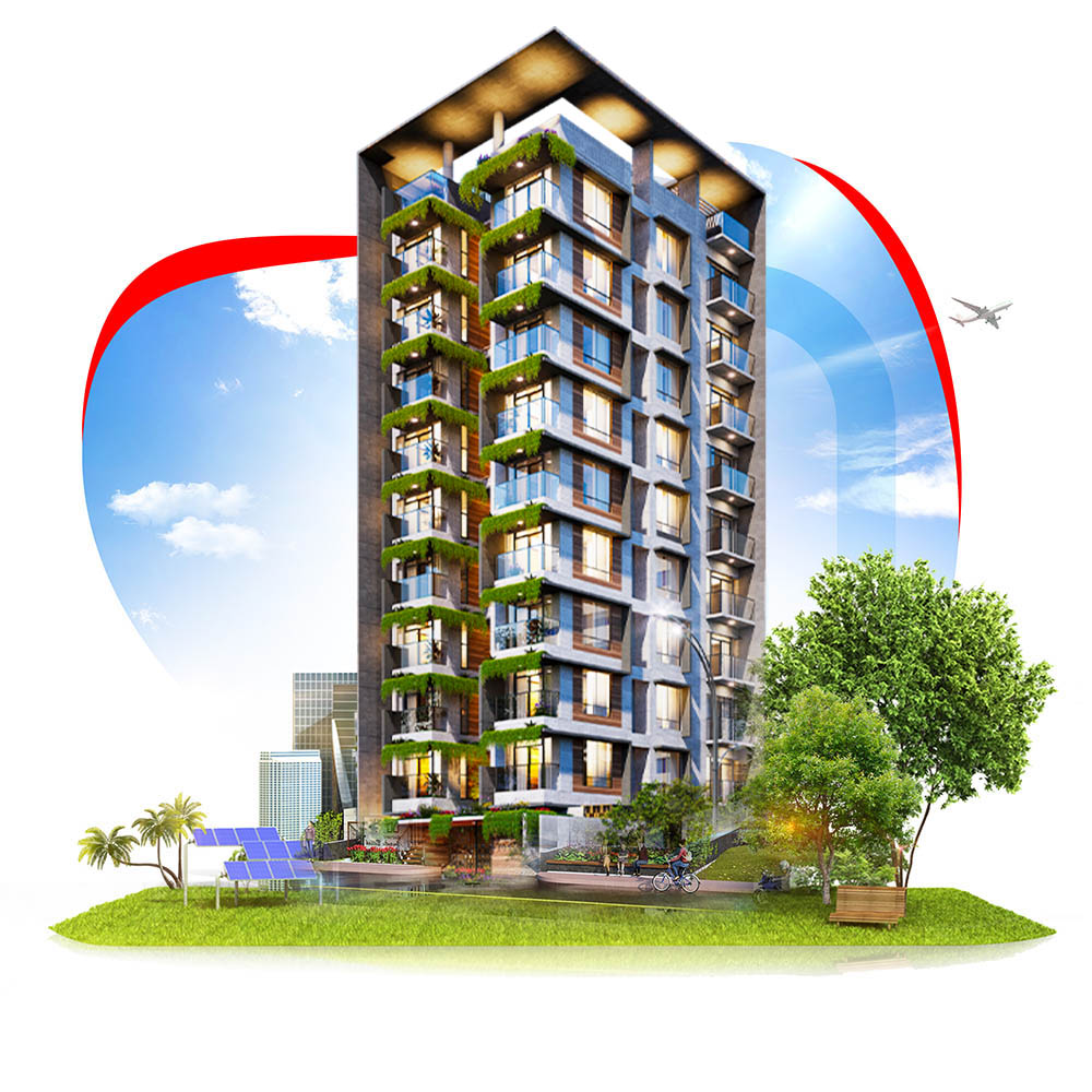 A modern high-rise apartment building with greenery on balconies, set against a blue sky with clouds. A plane flies in the background. The foreground features a landscaped area with trees, shrubs, and a solar panel. -Dreamway